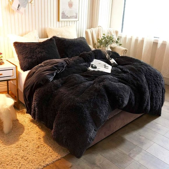 👑 Black Queen Faux Fur Comfy Plush Shaggy Duvet Cover Set Luxury Soft Velvet - Picture 1 of 6
